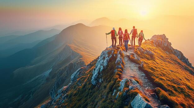 AI generated Unified team effort  friends supporting each other to conquer the majestic mountain peak photo