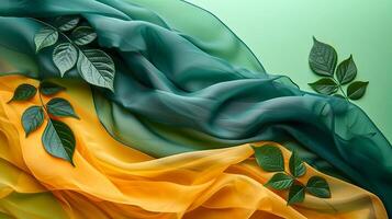 AI generated Soothing yellow and green backdrop with scattered leaves and delicate silk fabric gently billowing photo