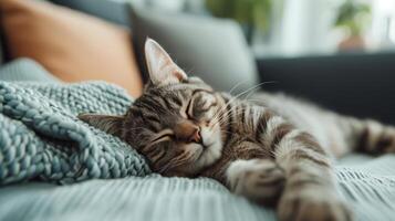 ai generado feliz y despreocupado perezoso gato disfrutando un pacífico sueño en el lujoso sofá foto