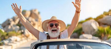AI generated Joyful senior man on stylish summer road trip in scenic italy, enjoying luxury convertible adventure photo