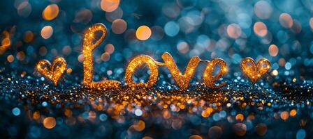 ai generado romántico amor concepto tarjeta postal con dorado texto amor en mágico bokeh destellos antecedentes foto