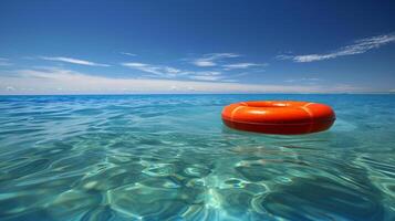 AI generated Lifebuoy floating in the vast open sea with clear blue skies and calm waters on a sunny day photo