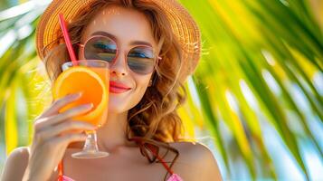 AI generated Beautiful woman sipping lava flow cocktail on beach with copy space, enjoying sunny summer day photo