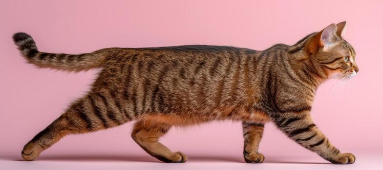 AI generated Fluffy cat walking on pastel background, bright shot for advertising with copy space photo