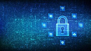 Cyber security. Data Protection. Internet network security technology concept. Padlock. Lock icon. Cybersecurity icons connections. Digital binary code background with digits 1.0. Vector Illustration.