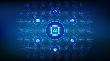 AI. Artificial intelligence. Machine learning technology. Big data analysis. Deep learning. Neural networks. Background with circuit board connections and tech icons. Vector Illustration.