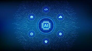 AI. Artificial intelligence. Machine learning technology. Big data analysis. Deep learning. Neural networks. Background with circuit board connections and tech icons. Vector Illustration.
