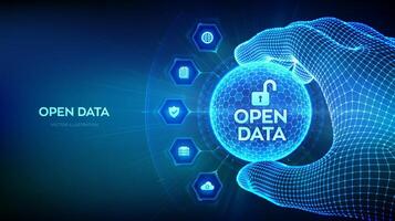 Open data database. Digital file storage system software. DMS. Integration API. Online documentation database concept in the shape of sphere with hexagon pattern in wireframe hand. Vector illustration