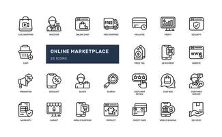 Online marketplace e commerce shopping web website app detailed outline line icon set vector