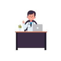 Doctor available at desk room treatment assistance flat illustration at hospital clinic healthcare medical vector