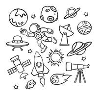 set of cute outline line hand drawn illustration of space exploration astronomy astronaut planet exploration with spaceship vector