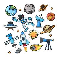 set of cute hand drawn illustration of space exploration astronomy astronaut planet exploration with spaceship vector