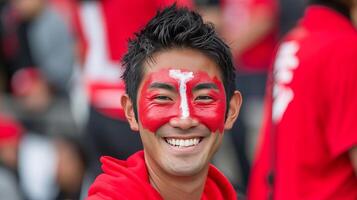 AI generated Energetic japan fan with flag painted face, cheering at sports event with blurry stadium background photo