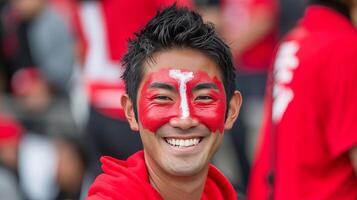 AI generated Energetic japan fan with flag painted face, cheering at sports event with blurry stadium background photo