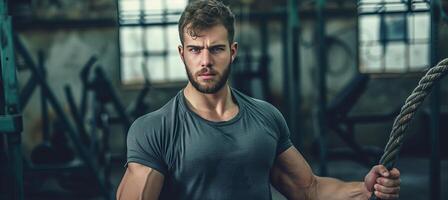 AI generated Young man exercising with battle rope at gym   fitness and strength training concept photo