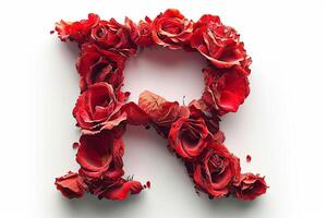 AI generated 3d modern letter r made from rose flowers, isolated on white background for creative designs. photo