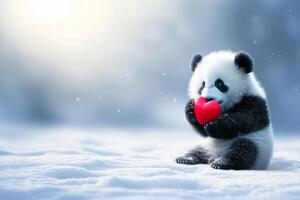 AI generated Panda cub presenting heart shaped gift on magical blurred background, valentine s day, cute animals photo