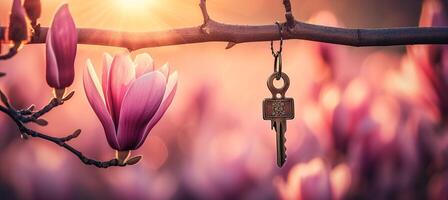 AI generated Key hanging from blooming tree branch in spring garden with blurred private home in background photo