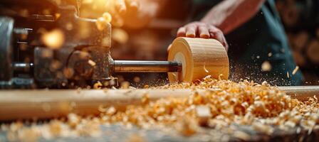 AI generated Skilled craftsman carving vibrant wood with meticulous hands under warm lighting photo