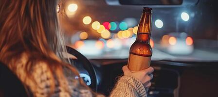 AI generated Drunk driving concept with woman holding beer bottle while driving, space for text placement photo