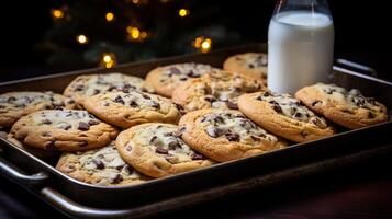 ai generado delicioso chocolate chip galletas en un de madera bandeja con un vaso de Fresco leche, Perfecto bocadillo foto