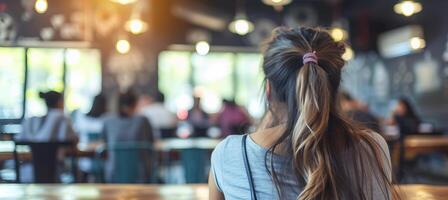 ai generado Deprimido mujer a mental salud y adiccion apoyo grupo reunión en comunidad espacio foto