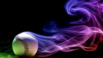 AI generated Vibrant colorful smoke effect surrounding baseball ball isolated on dark background photo