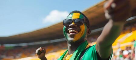 AI generated Excited male mexican fan with face paint at sports event, blurred stadium background with copy space photo