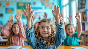 AI generated Diverse group of children eagerly raising hands to participate in classroom discussion photo