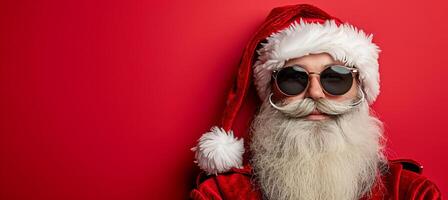 AI generated Energetic and playful santa claus on red background with copy space for text placement photo