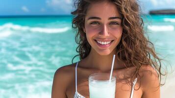AI generated Tropical paradise  woman enjoying a margarita on a sunny beach with space for text placement photo