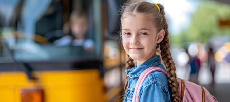 AI generated Cheerful girl with backpack waiting to board school bus, leaving space for text placement photo