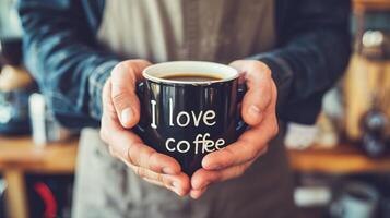 AI generated Coffee love concepthands holding a cup with  i love coffee  text, creating a happy morning vibe. photo