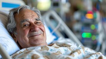 AI generated Happy man in white patient gown smiling while lying on hospital bed in a medical facility photo