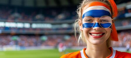 ai generado energético holandés ventilador con pintado cara en bandera colores, estadio fondo, espacio para texto foto