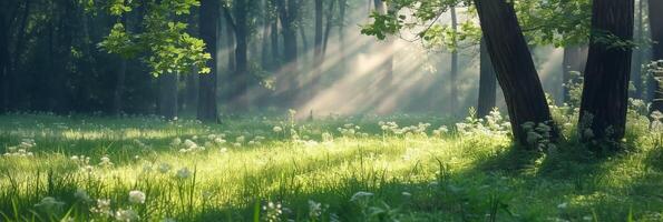 ai generado tranquilo verano bosque paisaje con hermosa Dom rayos como encantador mágico antecedentes foto