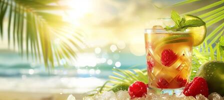 AI generated Tropical mai tai cocktail with defocused beach background and space for text placement photo