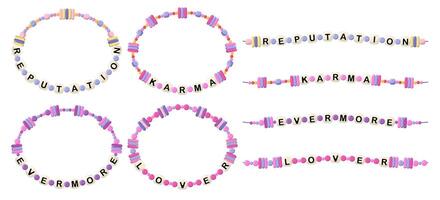 Bracelets with words reputation, karma, evermore, lover vector