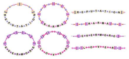 Bracelets with words reputation, karma, evermore, lover vector