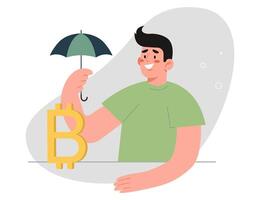 Man with umbrella protects bitcoin vector