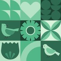 Modern geometric banner. Flowers, leaves and birds in flat minimalist style. vector