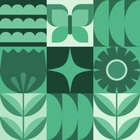 Modern geometric banner. Flowers, leaves and butterfly in flat minimalist style. vector