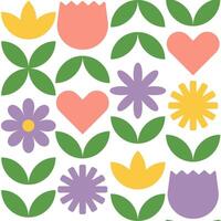 Colorful floral pattern. Flowers and leaves in flat minimalist style. vector