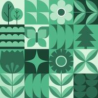 Geometric background. Flowers, leaves and butterfly in flat minimalist style. vector