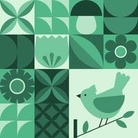 Geometric background. Bird, flowers and leaves in flat minimalist style. vector