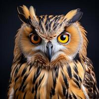 AI generated Majestic owl portrait isolated on black background for wildlife and nature concepts photo
