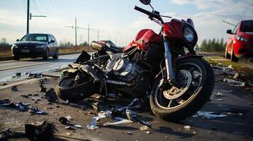 ai generado cerca arriba de motocicleta accidente en el la carretera con lesionado jinete y dañado vehículo en luz foto