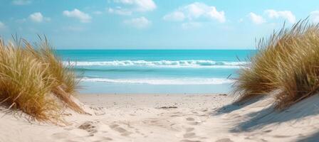 ai generado arenoso playa con dunas, beige plantas, resumen bokeh fondo, monocromo color, texto espacio. foto