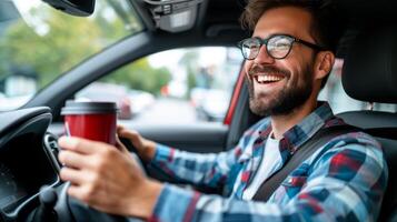 ai generado joven hombre conducción coche con un taza de café a Vamos en mano, disfrutando su Mañana conmutar foto