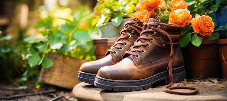 AI generated Sunny spring and summer garden with flowerpots and red boots   gardening background photo
